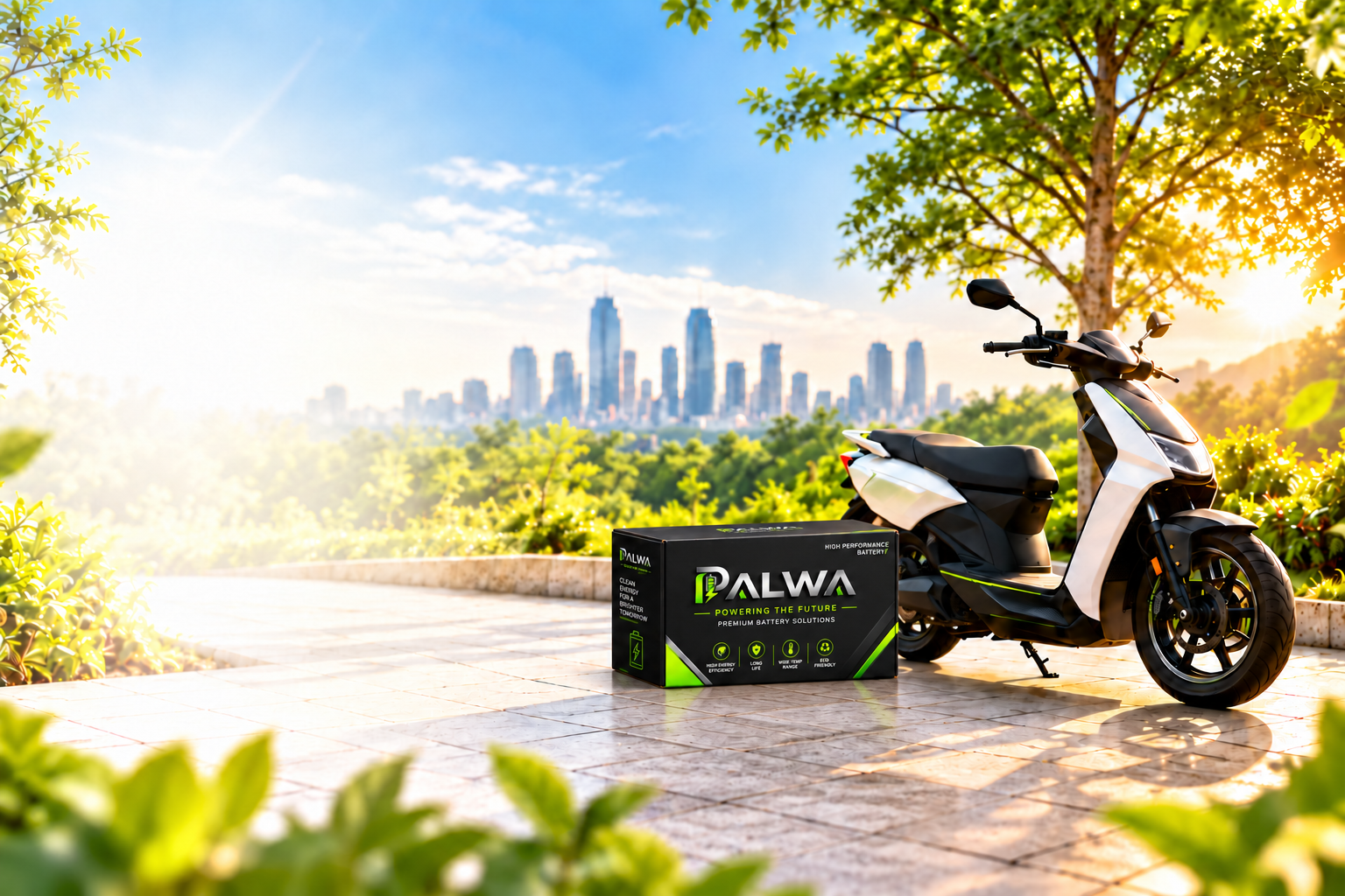 PALWA battery packaging and electric scooter in a sunlit green park